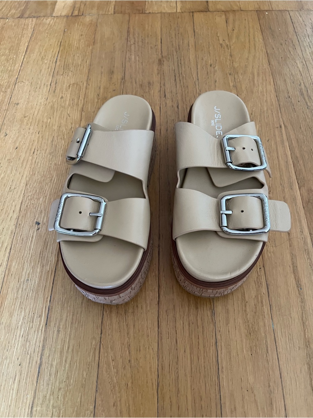 J/SLIDES Neutral Beige Double-Buckle Platform Slides